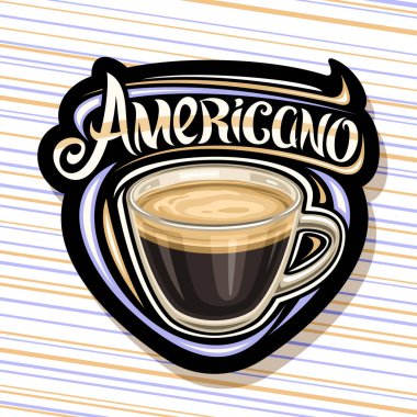 Americano kahvesi için vektör logosu, çizgili arka plandaki kahve dükkanının kelime americano 'su için eşsiz fırça harfli siyah tabelalı tek cam bardaklı tasviri.