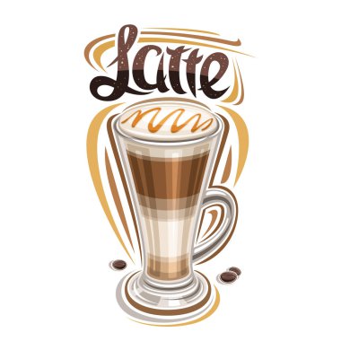 Latte Coffee için vektör posteri, doğal kahve içeceği ve kavrulmuş tohumlarla bembeyaz arka planda kahverengi latte için eşsiz fırça harfleri olan dekoratif afiş tasviri.