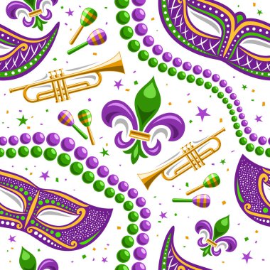 Vector Mardi Gras Seamless Pattern, square repeating background of green mardi gras beads, purple venetian masks, music instruments, cut out illustrations of mardi gras symbol for white wrapping paper clipart