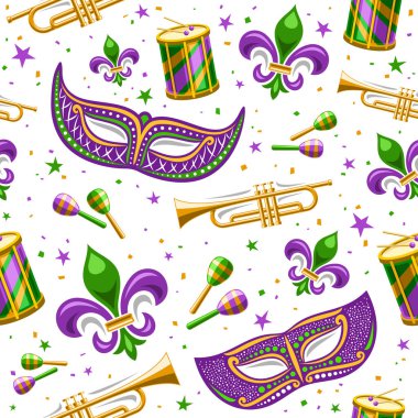 Vektör Mardi Gras Kusursuz Desen, dekoratif yıldızlı kare tekrarlayan arkaplan, mor Venedik maskesi, sokak müzik aletleri, beyaz arkaplanda Mardi Gras sembollerinin resimlerini kes
