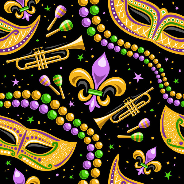 Vector Mardi Gras Seamless Pattern, square repeating background of cartoon mardi gras beads, yellow venice mask, musical instruments, cut out illustrations of mardi gras symbol for dark wrapping paper