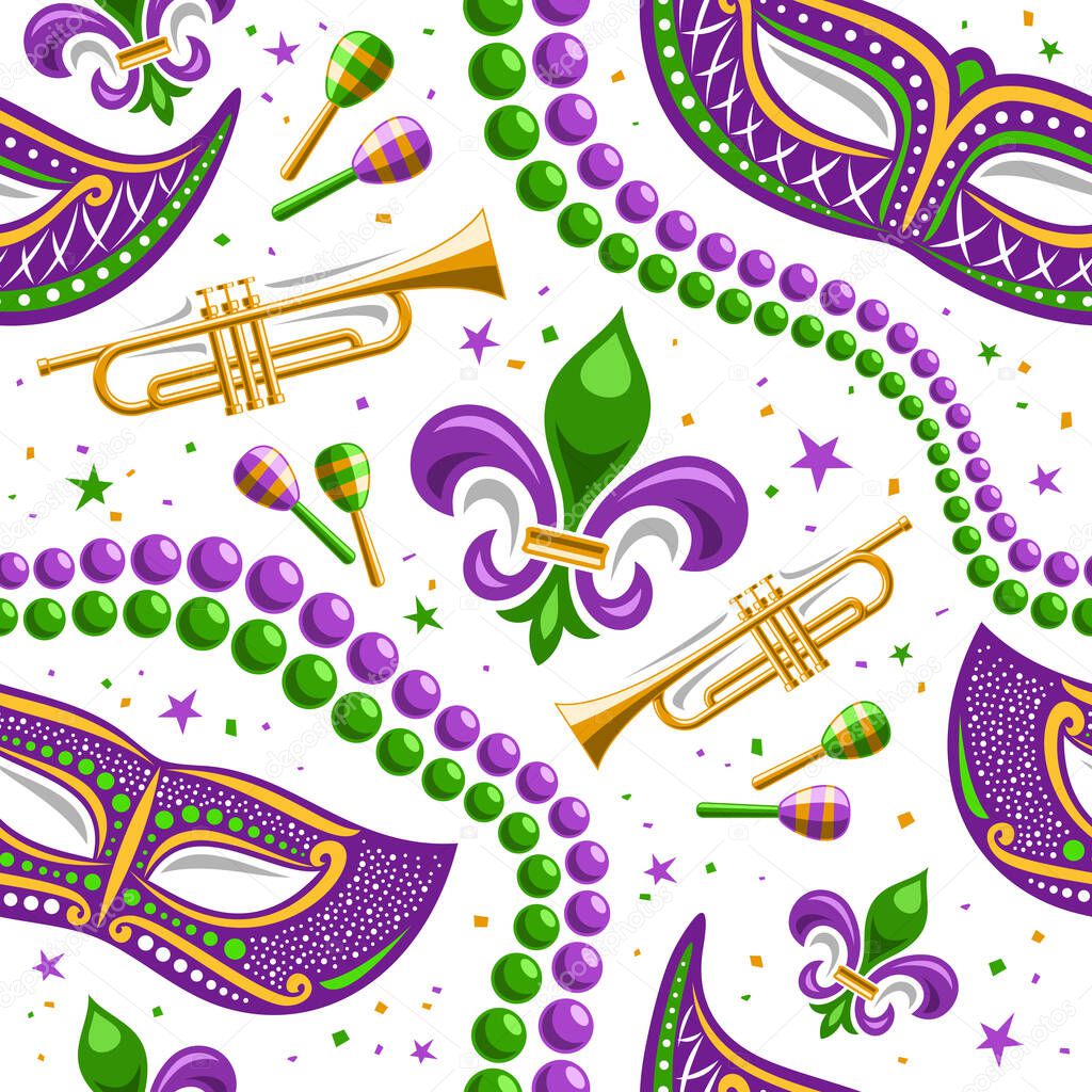 Vector Mardi Gras Seamless Pattern, square repeating background of green mardi gras beads, purple venetian masks, music instruments, cut out illustrations of mardi gras symbol for white wrapping paper