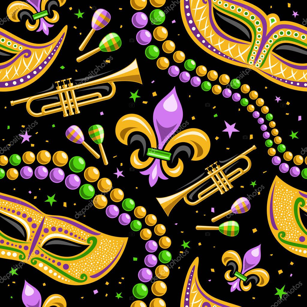 Vector Mardi Gras Seamless Pattern, square repeating background of cartoon mardi gras beads, yellow venice mask, musical instruments, cut out illustrations of mardi gras symbol for dark wrapping paper