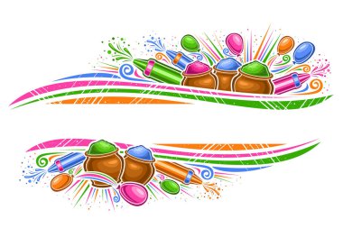 Holi Festivali için vektör sınırı metin alanı, geleneksel holi sembollerinin resimli yatay kuponu, beyaz arkaplanda Holi renk festivali için dekoratif gulal pudrası