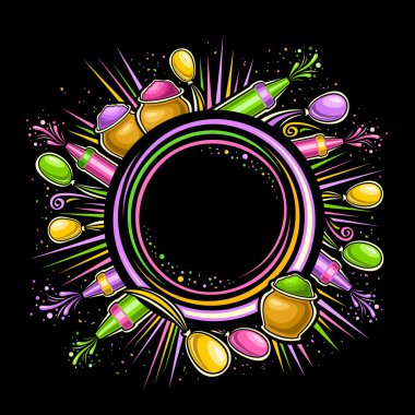 Holi Festivali için Vektör Çerçevesi, metin için metin alanı, geleneksel Holi sembolü ile dekoratif yuvarlak şablon, koyu arkaplanda bahar Holi karnavalı için parlak gulal tozu.