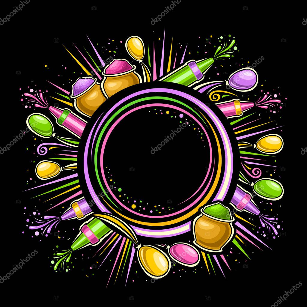 Vector Frame for Holi Festival with copy space for text, decorative round template with illustration of traditional holi symbol, bright gulal powder in bowl for spring holi carnival on dark background