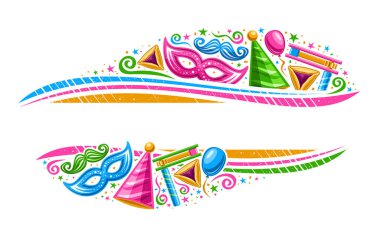Metin için kopyalama alanı olan Purim Karnavalı için Vektör Sınırı, çeşitli canlı purim sembolleri, dekoratif konfeti ve beyaz arkaplanda purim için tatlı haman kulakları resimli yatay pankart