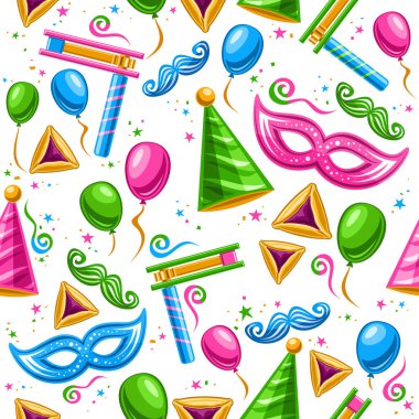 Vektör Purim Pürüzsüz Desen, kare tekrarlı arka plan. Geleneksel püre sembollerinin çizimleri, çeşitli canlı balonlar, beyaz arka planda Purim Festivali için tatlı hamanın kulakları.