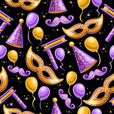 Vektör Purim Pürüzsüz Desen, kare yinelenen arka plan geleneksel püre sembolleri, çeşitli balonlar, koni şapkalar, koyu arkaplanda Purim festivali için mor bıyık çizimleri