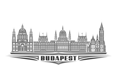 Budapeşte 'nin vektör illüstrasyonu, doğrusal tasarımı olan tek renkli yatay poster, Budapeşte' nin ünlü şehir manzarası, beyaz arkaplanda siyah kelime Budapeşte için dekoratif harflerle dekoratif sanat konsepti