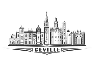 Seville 'in vektör illüstrasyonu, tek renkli yatay poster doğrusal tasarım ünlü Seville şehir manzarası, şehir çizgisi sanat konsepti beyaz arkaplanda siyah kelime seville için dekoratif harflerle