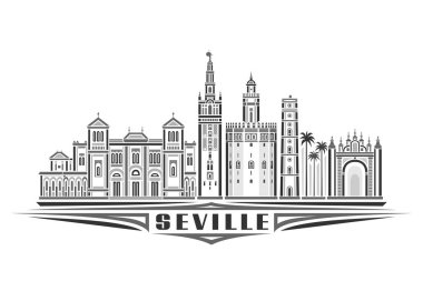 Vector illustration of Seville, monochrome horizontal poster with linear design famous seville city scape, urban line art concept with decorative lettering for black word seville on white background clipart