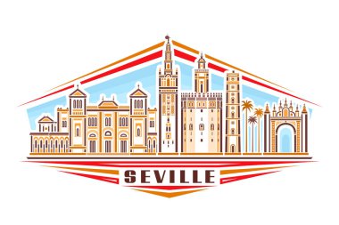 Seville 'in vektör illüstrasyonu, doğrusal tasarımlı yatay logo gündüz gökyüzü arka planında ünlü Seville şehri manzarası, kahverengi harfler için dekoratif harflerle Avrupa kentsel çizgisi sanat kavramı
