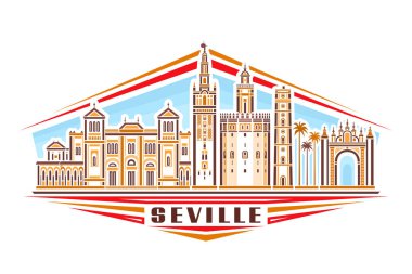 Vector illustration of Seville, horizontal logo with linear design famous seville city scape on day sky background, european urban line art concept with decorative lettering for brown word seville clipart