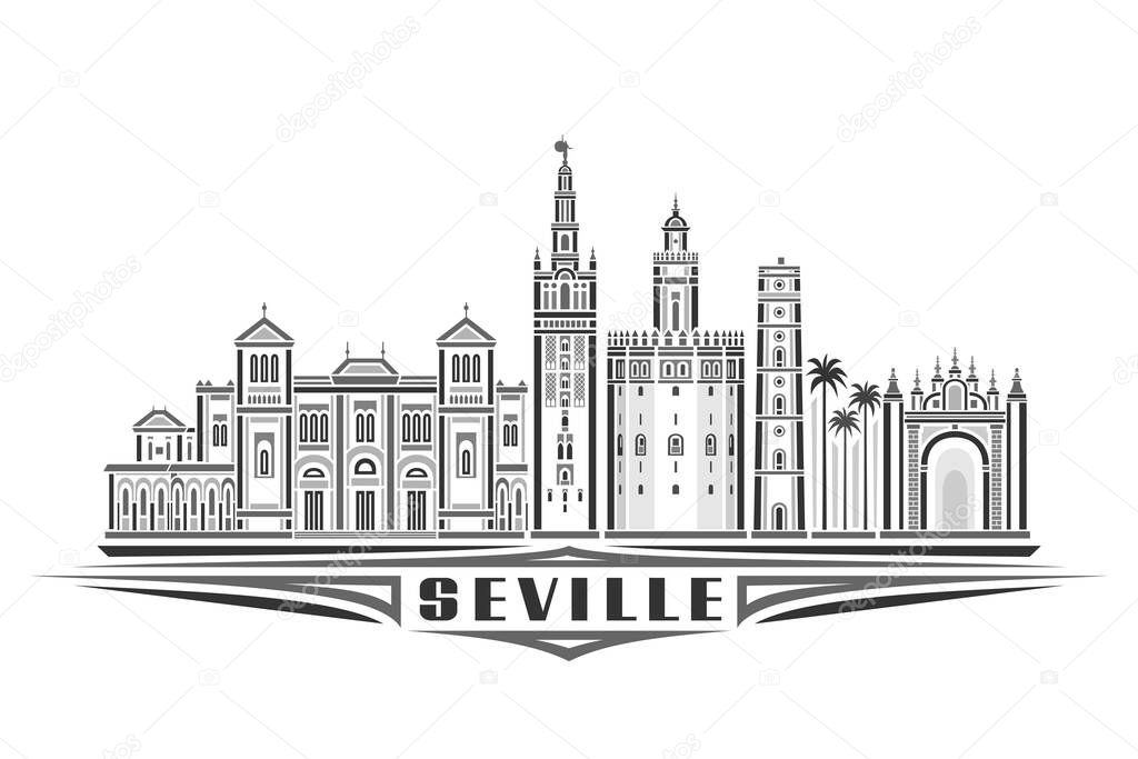 Vector illustration of Seville, monochrome horizontal poster with linear design famous seville city scape, urban line art concept with decorative lettering for black word seville on white background