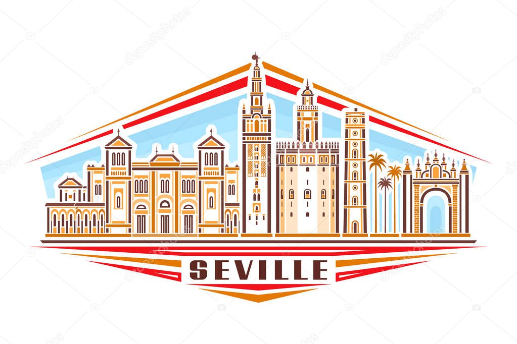 Vector illustration of Seville, horizontal logo with linear design famous seville city scape on day sky background, european urban line art concept with decorative lettering for brown word seville