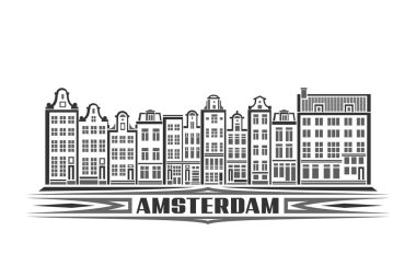 Amsterdam 'ın vektör illüstrasyonu, tek renkli yatay poster, doğrusal tasarım Amsterdam manzarası, şehir çizgisi sanat konsepti, beyaz arkaplanda siyah harfler için dekoratif harfler.