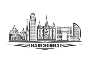 Barcelona 'nın vektör illüstrasyonu, doğrusal tasarım Barselona şehir manzaralı tek renkli yatay poster, beyaz arkaplanda siyah kelime Barselona için dekoratif harflerle dekoratif sanat konsepti