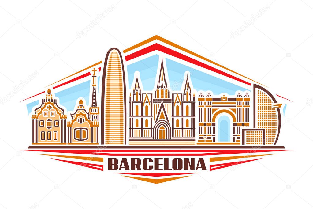 Vector illustration of Barcelona, horizontal sign with linear design famous barcelona city scape on day sky background, european urban line art concept with decorative lettering for word barcelona