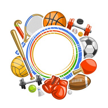 Metin için fotokopi alanı, çeşitli spor malzemeleri, deri boks eldivenleri ve beyaz arka planda tenis raketleri resimli dekoratif pazarlama kavramına sahip spor malzemeleri için vektör çerçevesi