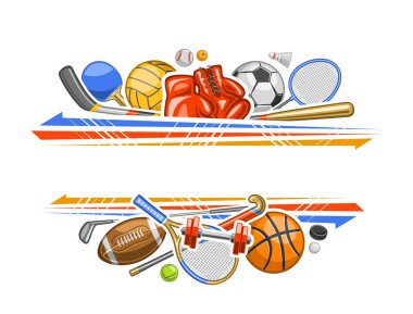 Spor Malzemeleri için Vektör Sınırı Metin için boş kopya alanı, dekoratif tanıtım konsepti çeşitli yaz spor kıyafetleri, kırmızı deri boks eldivenleri ve beyaz arka planda golf sopası