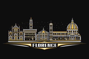 Floransa 'nın vektör illüstrasyonu, doğrusal tasarımı olan karanlık yatay poster alacakaranlık gökyüzü arka planında ünlü Floransa şehri manzarası, Avrupa kentsel çizgisi sanat konsepti kelimenin süslü harfleriyle Floransa