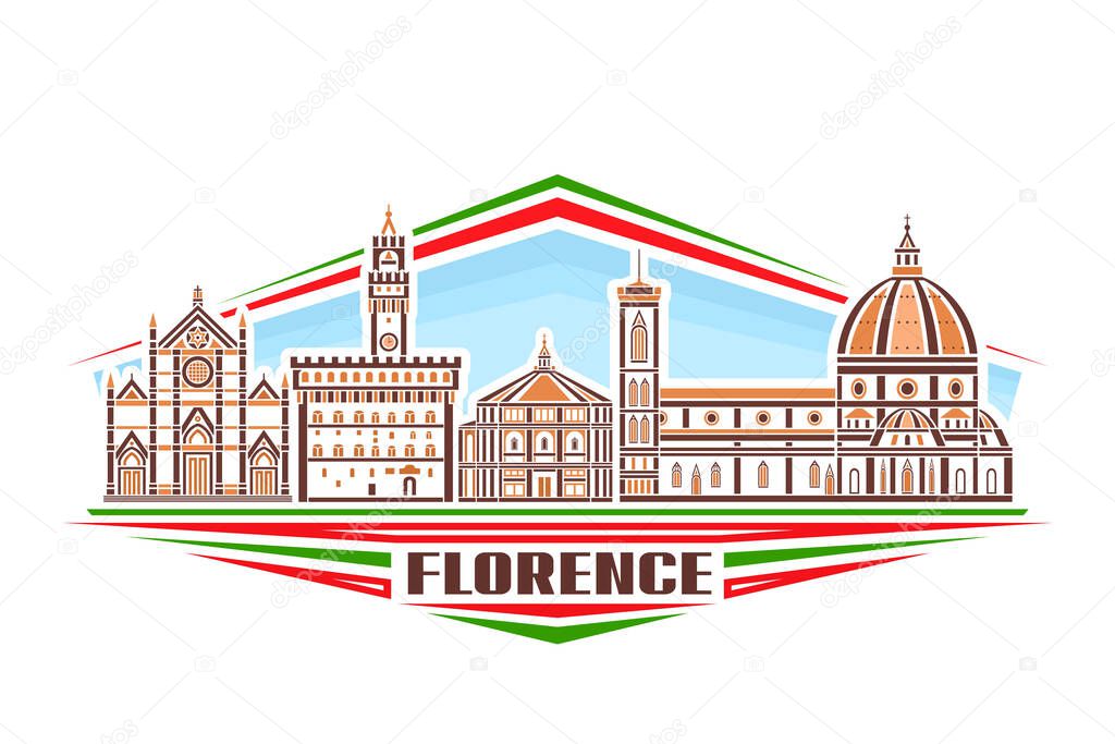 Vector illustration of Florence, horizontal sign with linear design famous florence city scape on day sky background, european urban line art concept with decorative lettering for brown word florence