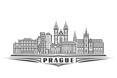 Prag 'ın vektör illüstrasyonu, tek renkli yatay poster, doğrusal tasarım ünlü Prag şehir manzarası, şehir çizgisi sanat konsepti, beyaz arka planda siyah kelime Prag' ı için dekoratif harflerle.
