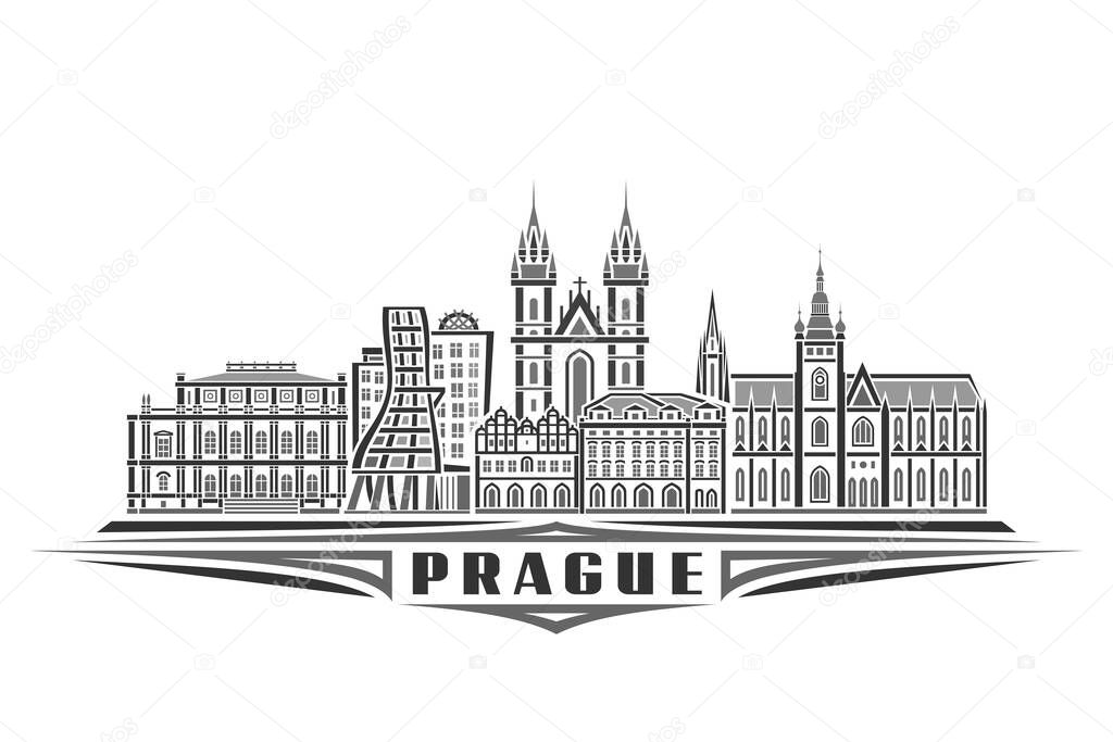 Vector illustration of Prague, monochrome horizontal poster with linear design famous prague city scape, urban line art concept with decorative lettering for black word prague on white background