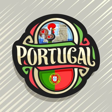Portekiz ülkesi için vektör logosu, Portekiz bayraklı beyaz buzdolabı mıknatısı, Portekiz ve Portekiz sembolleri için orijinal fırça tipi - folk horozu Galo de Barcelos ve Torre de Belem Tower.