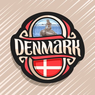 Danimarka ülke için vektör logo, Danimarka bayrağı ile buzdolabı mıknatıs, orijinal fırça yazı dalgalar deniz arka plan üzerinde Kopenhag küçük denizkızı heykeli kelime Danimarka ve Danimarka sembolleri-.