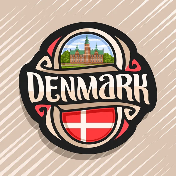 Danimarka ülkesi için vektör logosu, Danimarka bayrağı taşıyan buzdolabı mıknatısı, Danimarka için orijinal fırça yazı tipi ve Danimarka ulusal sembolü - Kopenhag 'daki Rosenborg Sarayı bulutlu arka planda.