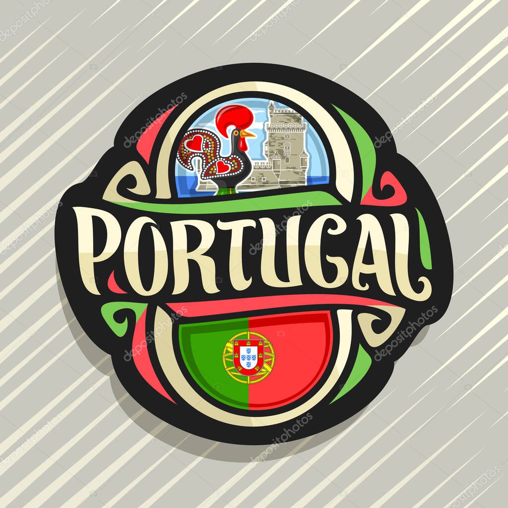 Vector logo for Portugal country, white fridge magnet with portuguese flag, original brush typeface for word portugal and portuguese symbols - folk rooster galo de barcelos and torre de belem tower.