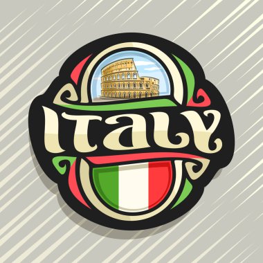 İtalya ülke, İtalyan bayrağı, word İtalya ve İtalyan sembolü - antik Roma simgesel yapı Roma Kolezyum mavi bulutlu gökyüzü arka plan üzerinde orijinal fırça yazı ile buzdolabı mıknatıs için vektör logo