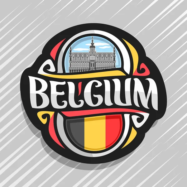 矢量标志为比利时国家 冰箱磁铁与比利时旗子 原始的刷子字体比利时并且比利时标志 国王房子或故居在布鲁塞尔的 Roi 在蓝色多云天空背景 — 图库矢量图片