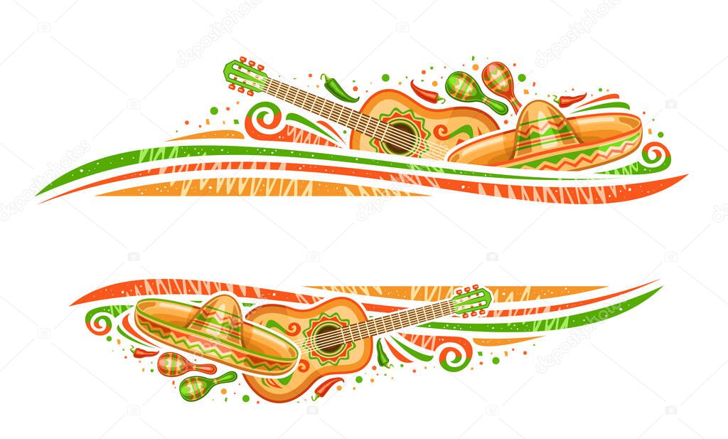 Vector border for Cinco de Mayo with copy space for text, decorative horizontal coupon with illustration of mexican musical instruments, red and green hot peppers, traditional hat for cinco de mayo