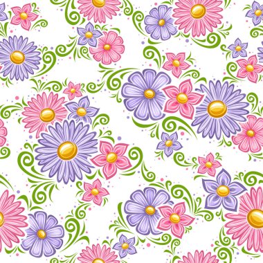 Vektör Tatil Çiçekleri Kusursuz Desen, Pastel rengi petunya çiçekleri, mor gerbera resimli kare yinelenen arkaplan, beyaz arkaplan üzerinde yeşil karikatür ambalaj kağıdı için gelişir