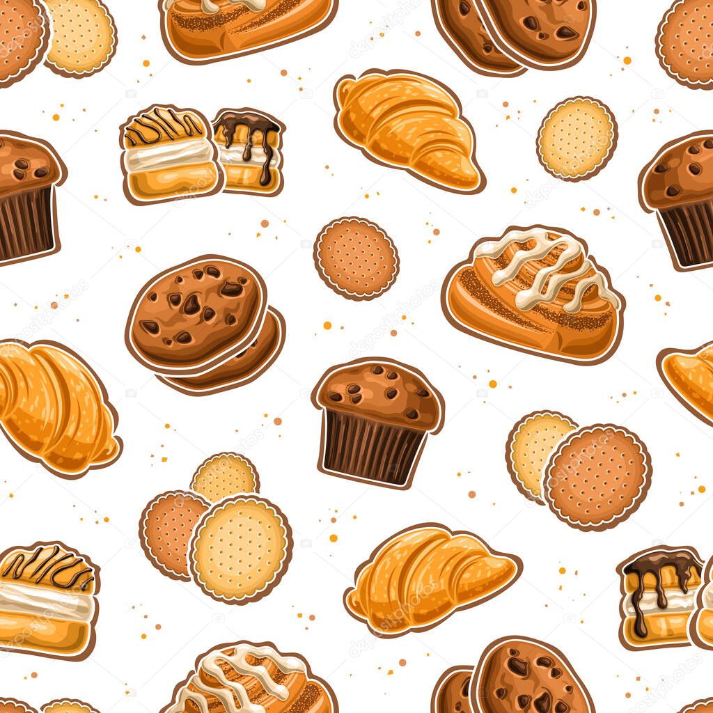 Vector Baked Goods Seamless Pattern, repeat background with set of cut out illustrations sweet bake, butter cookies, french sweets with custard cream and icing danish cinnamon roll on white background