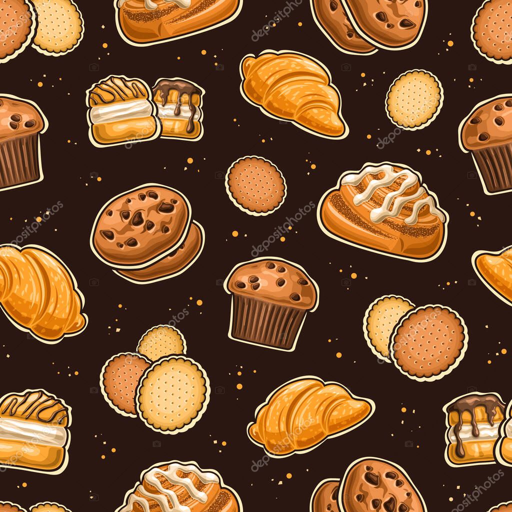 Vector Baked Goods Seamless Pattern, repeating background with set of cut out illustrations sweet bake, butter cookies, french sweets with custard creme and drizzle danish cinnabon on dark background