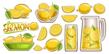 Vector Lemon Set, bir sürü kesilmiş illüstrasyon, yeşil yapraklı yaşam kompozisyonları, dilimlenmiş limonlar, şeffaf kavanoz, limonata ve limon kelimesiyle uzun bardak.