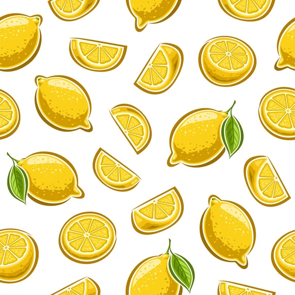 ベクトルレモンのシームレスなパターン 緑の葉で全体のレモンをカットイラストのセットで背景を繰り返し スライスされた熟した果物のグループ 包装紙のための白い背景に刻んだレモン — ストックベクタ