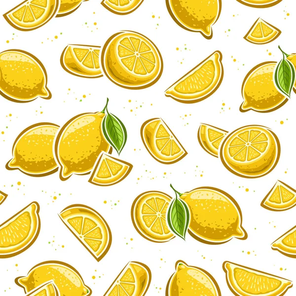 ベクトルレモンのシームレスなパターン カットアウトイラストのセットで背景を繰り返し緑の葉 果物のグループはまだ人生 包装紙のための白い背景に刻んだレモン — ストックベクタ