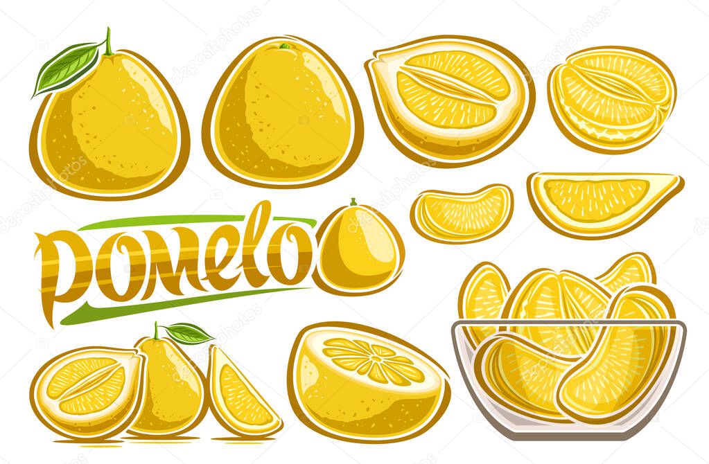 Vector Yellow Pomelo Set, lot collection of cut out illustrations various fruity exotic still life composition with green leaves and chopped pomelo, many variety fruits in glass bowl and word pomelo