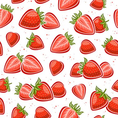 Vektör Çileksiz Desen, kesilmiş resimlerle arka planı tekrarlıyor yeşil yapraklı meyveli çilekler, ambalaj kağıdı için beyaz arka planda çilek grupları