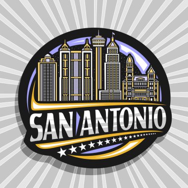 San Antonio için vektör logosu, alacakaranlık gökyüzü arka planında çağdaş Teksas şehir manzarasının resmedildiği siyah dekoratif etiket, San Antonio için eşsiz fırça harfleriyle sanat tasarımı buzdolabı mıknatısı.