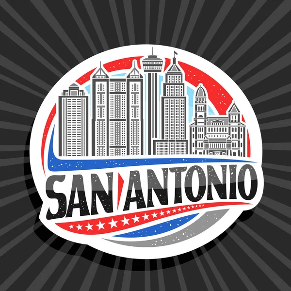 San Antonio için vektör logosu, modern Teksas şehrinin gökyüzü arkaplanının resimleriyle bembeyaz dekoratif etiketi, sanat tasarımı buzdolabı mıknatısı siyah kelimeler için eşsiz fırça harfleriyle San Antonio