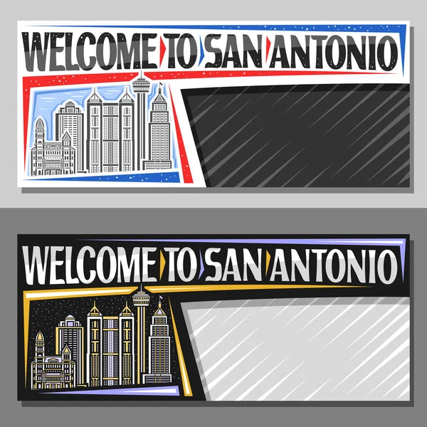 San Antonio için fotokopi alanı olan vektör planları, Teksas şehir manzarasının gündüz ve alacakaranlık arkaplanı çizgili tasarım belgesi, San Antonio 'ya hoş geldiniz yazılı sanat tasarımı turist kartı.