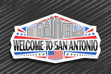 San Antonio için vektör logosu, ünlü Amerikan şehir manzarasının resimli beyaz tabelaları gökyüzü arka planında, siyah kelimelerle kesilmiş San Antonio ve dekoratif yıldızlara hoş geldiniz.