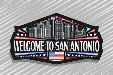 San Antonio için vektör logosu, alacakaranlık arka planında Teksas şehir manzarasının ana hatlarıyla çizilmiş siyah dekoratif rozet, San Antonio 'ya hoş geldiniz demek için eşsiz fırça harfleriyle sanat tasarımı etiketi.
