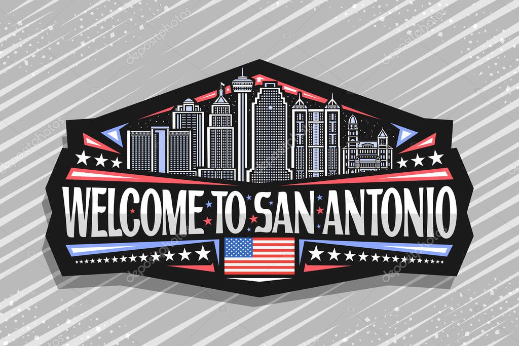 Vector logo for San Antonio, black decorative badge with outline illustration of texan city scape on dusk sky background, art design tag with unique brush lettering for words welcome to san antonio